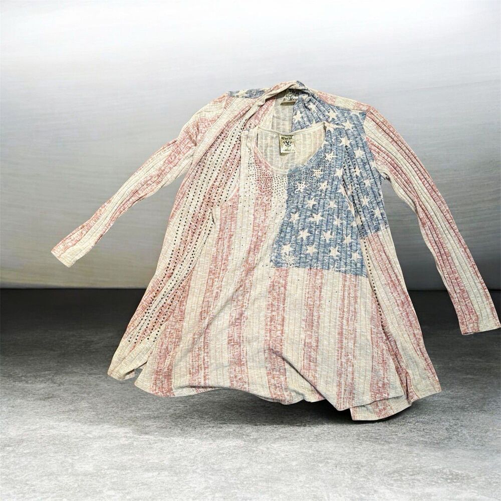 Womenβs Red White Blue USA Flag Print Cardigan and Tank Top Regular Size S